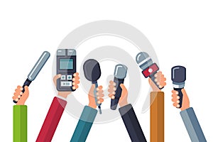 Broadcasting, media tv, interview, press and news vector background with hands holding microphones