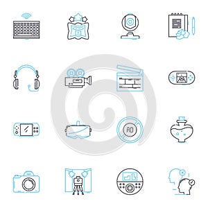 Broadcasting technology linear icons set. Transmitter, Receiver, Antenna, Frequency, Spectrum, Broadcast, Transmission