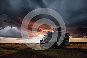 broadcasting van with dramatic stormy sky in the background