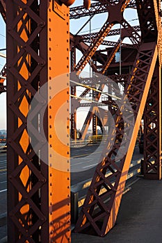 The Broadway Bridge in Portland painted red