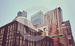 Broadway and Fulton street, color toned picture of New York diverse architecture, USA