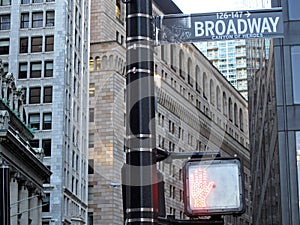 Broadway Street sign, with skyscraper in the background, New York City, USA