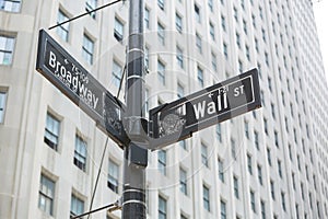 Broadway and Wall St., street sign, New York, USA Canyon of Heroes