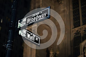 Broadway and Wall Street Signs at the night, Manhattan