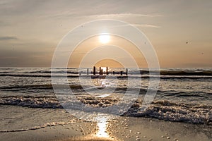 broadways sea at the sunset with eroded wood poles from walkway in the sea