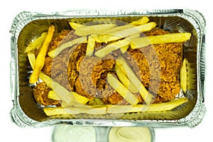 broasted chicken in a aluminum container, top view with mayonnaise, hummus and french fries, on a white back ground.