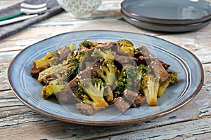 broccoli beef and soy sauce Asian food background