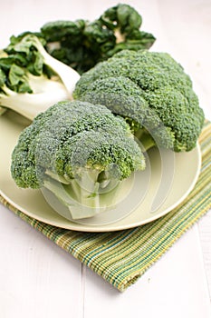 Broccoli and bok choy on green plate