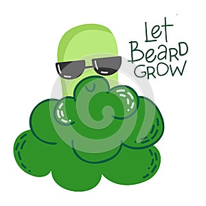 Broccoli cartoon brave masculine character wearing sun glasses with big beard. Funny and cute vegetable.