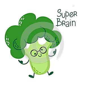 Broccoli cartoon character wearing glasses. Funny and cute vegetable. Genius smart brainiac.