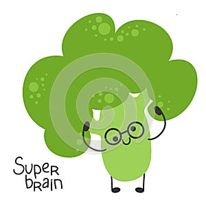 Broccoli cartoon character wearing glasses. Funny and cute vegetable. Genius smart brainiac.