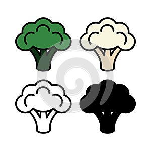 Broccoli and cauliflower set. Colored cabbage icons. Silhouette and outline
