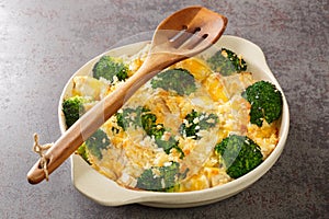 Broccoli Chicken divan is a creamy casserole topped with crispy buttered breadcrumbs close up in the dish. Horizontal