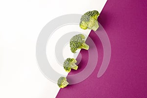 Broccoli on colored violet white background. Diagonal. Seasonal vegetables in modern style design pattern