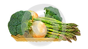 Broccoli Florets Onions Asparagus In Basket Side