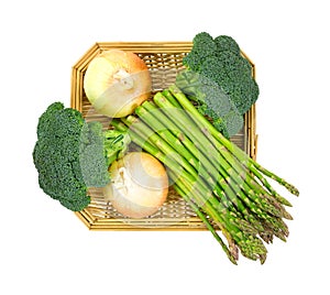 Broccoli Florets Onions Asparagus In Basket Top