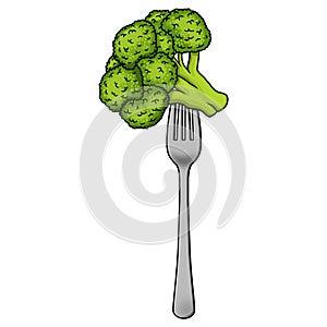 Broccoli on a fork isolated on white background illustration