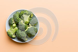 broccoli of fresh green broccoli in bowl over coloredbackground. , close up. Fresh vegetable