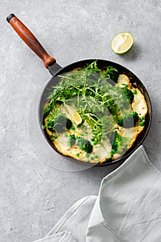 Broccoli frittata frying pan top view