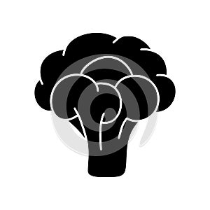 Broccoli, head of cabbage. Silhouette icon. Black simple illustration of raw vegetable. Contour isolated vector pictogram on white