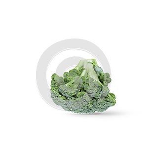 Broccoli head cut in half flipped on its side with soft shadow isolated on a white background.