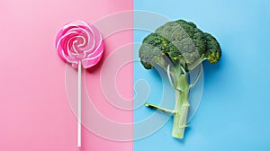Broccoli and lollipop on a blue-pink split background. Healthy versus junk food. Diet concept. Generative AI