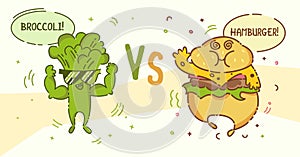 Broccoli man vs Hamburger guy. Cute kawaii cartoon persons. Flat line design. Healthy vegan food and unhealthy fast food character