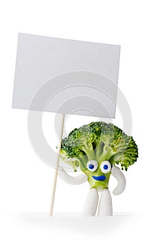 Broccoli mascot holding blank card