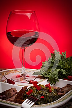 Broccoli Rabe Plate And Red Wine photo