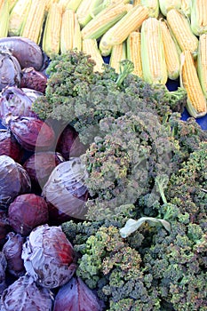 Broccoli, red cabbage and maize at bazaar