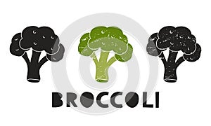 Broccoli, silhouette icons set with lettering. Imitation of stamp, print with scuffs