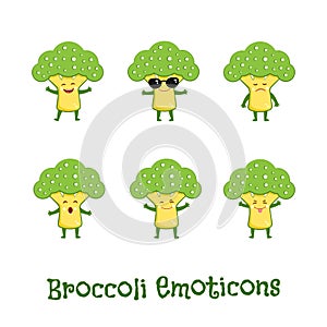 Broccoli smiles. Cute cartoon emoticons. Emoji icons