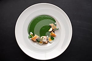 Broccoli spinach cream soup with salmon and egg on black background
