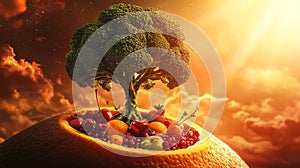 Broccoli tree on orange with vibrant fruit assortment