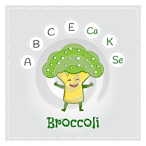 Broccoli vegetable vitamins and minerals. Funny vegetable character. Healthy food illustration