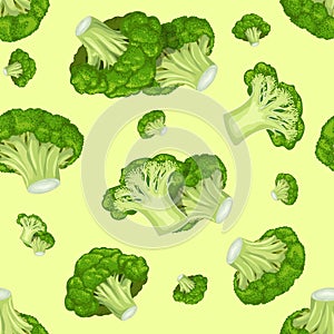 Broccoli vegetables seamless pattern on light green background. Eco vegetables background. Best for menu vegan designs.