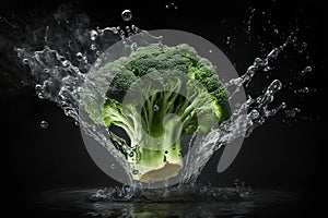 Broccoli in water splash isolated on black background. Healthy food.