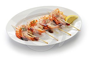 Brochetas de gambas, spanish grilled shrimp skewers photo