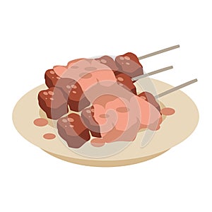 Brochette or suya vector illustration, sate or beef satay skewers with peanut sauce,