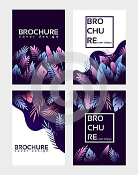 Brochure cover design, flyer  template, cover layout, poster with abstract shapes and tropical leaves. Flyer vector template