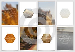 A4 brochure cover design with geometric shapes and masks in modern minimalistic style. Creative flyer template, annual