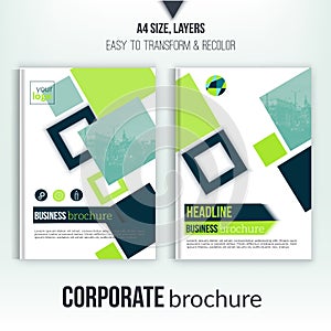 Brochure cover template with blurred city landscape, flyer, professional corporate identity.Green clean squares.