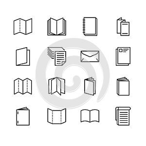 Brochure flat line icons. Business identity illustrations - letterhead, booklet, flyer, leaflet, corporate catalogue