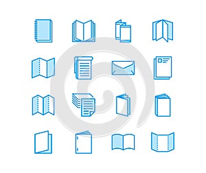 Brochure flat line icons. Business identity vector illustrations - letterhead, booklet, flyer, leaflet, corporate