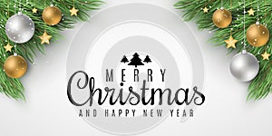 Brochure for Merry Christmas and Happy New Year. Fir tree with festive balls and golden stars. Greeting card. Beautiful lettering photo