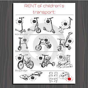 Brochure for Rent children transport, kick scooter, balance bik