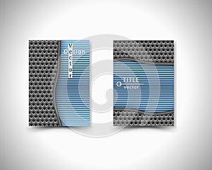 Brochure style dark tech stainless steel grid with round holes repetitive. Blue line. Vector template, background.