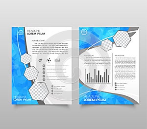 Brochure template layout, cover design annual report, magazine, flyer in A4 with blue polygonal triangles, 3d mesh polygons, round