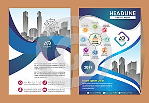 Brochure template layout, cover design annual report, magazine, flyer or booklet in A4 with blue geometric shapes on polygonal bac