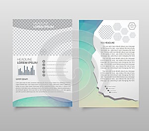 Brochure template layout, cover design annual report, magazine, flyer, leaflet booklet in A4 with turquoise colorful triangles tex